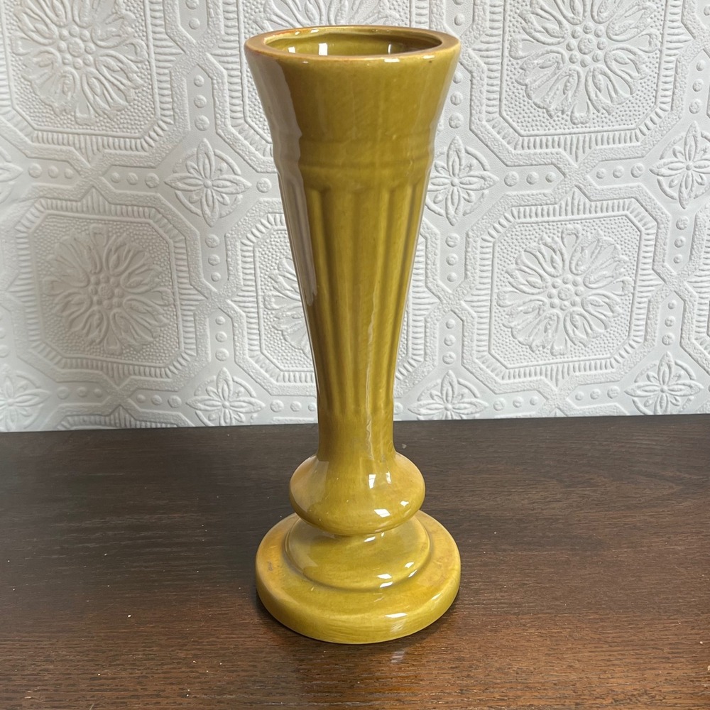 Vintage Mustard Yellow Ceramic Bud Vase Fluted Art Deco Style Pedestal 9.5 inch